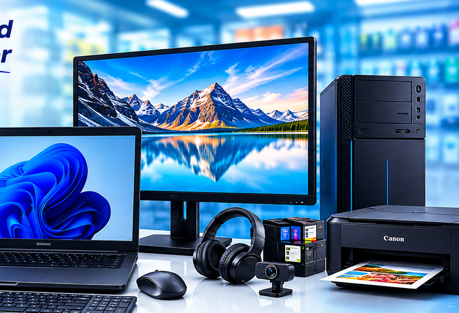 Laptop, desktop monitor, computer tower, headphones, webcam and printer — computers and accessories available at 1GB Computers